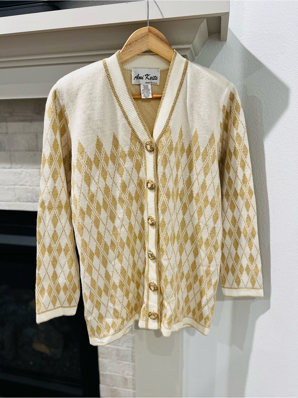 Vintage 80s Cream Gold Argyle Cardigan by Ami Knits
